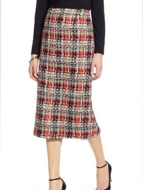 Halogen Nordstrom - Black Red Multi Tweed Pencil Midi Skirt - 12